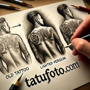 Фотография демонстрирует процесс обновления татуировки на теле мужчины: старый дизайн с нечеткими линиями и новый, детализированный дизайн с черепом и розой.