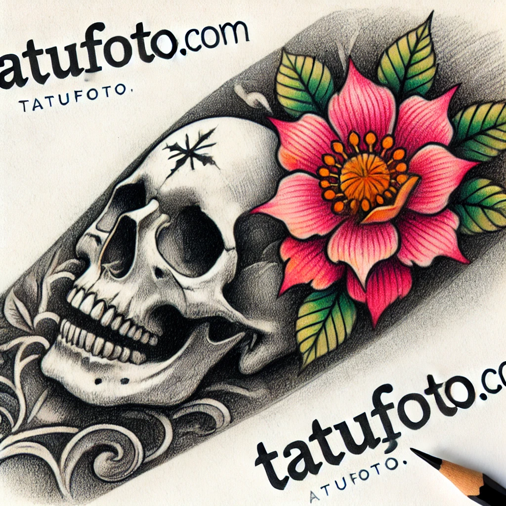 как перекрыть старую тату - A pencil sketch of a tattoo design an arm with two layers of tattoos—an old, faded skull tattoo and a vibrant new design of a blooming flower overlay tatufoto.com 001