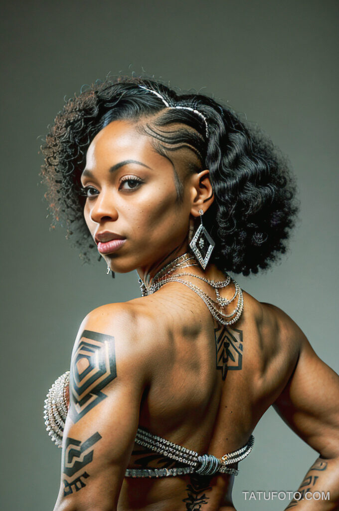 кольца и подвески для людей с татуировками African-American woman 30 years old curly black hair athletic figure charismatic and modern with a geometric back tattoo w tatufoto.com 005
