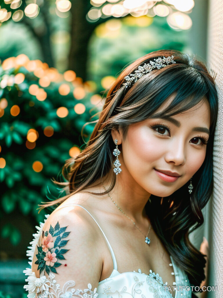 кольца и подвески для людей с татуировками Asian woman 25 years old dark brown hair petite figure gentle and sophisticated floral sleeve tattoo wearing a shimmering tatufoto.com 011