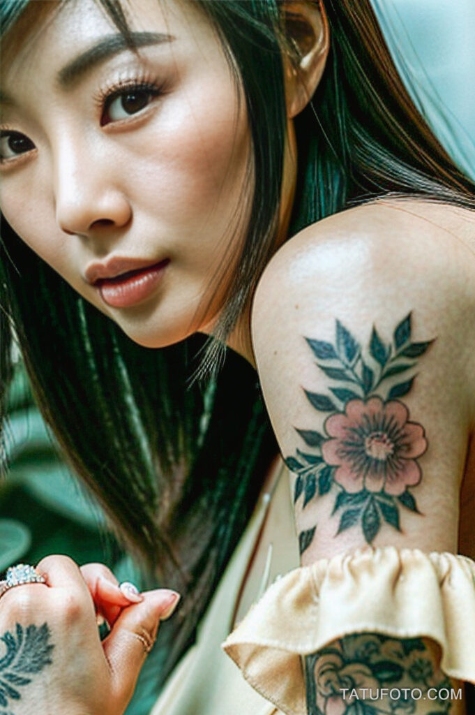 кольца и подвески для людей с татуировками Asian woman 25 years old dark brown hair petite figure gentle and sophisticated with floral sleeve tattoos showcasing a di tatufoto.com 002