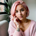 тату на родинке A young woman, 24 years old, with light pink hair, soft complexion, wearing a cropped sweater, highlighting a minimalist tattoo tatufoto.com 011