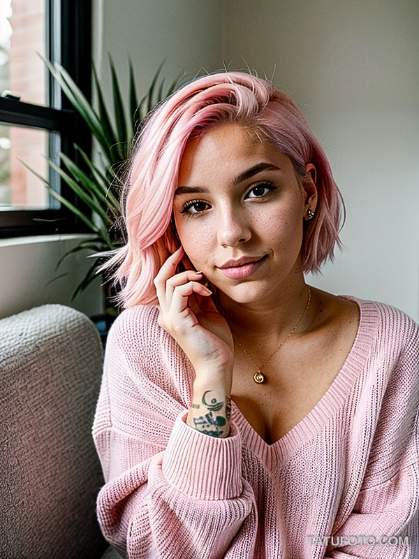 тату на родинке A young woman, 24 years old, with light pink hair, soft complexion, wearing a cropped sweater, highlighting a minimalist tattoo tatufoto.com 011