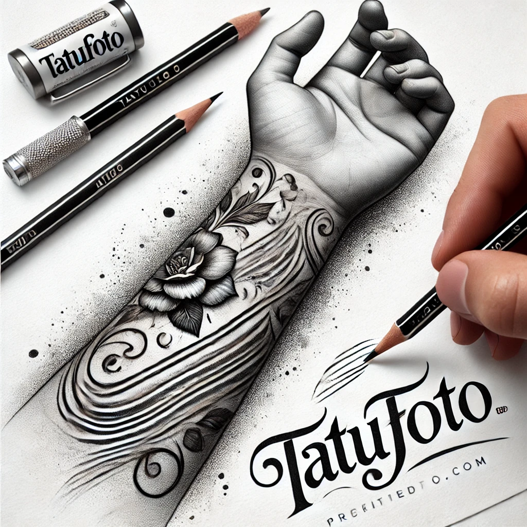 татуи на шраме - A pencil sketch of a tattoo design a wrist with a scar elegantly integrated into a floral pattern, smoothly transitioning into stretch marks that for tatufoto.com 000