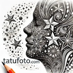Фотография эскиза татуировки, изображающего профиль женского лица, заполненного звездным небом. Изображение выполнено в черно-белой графике с высокой детализацией.