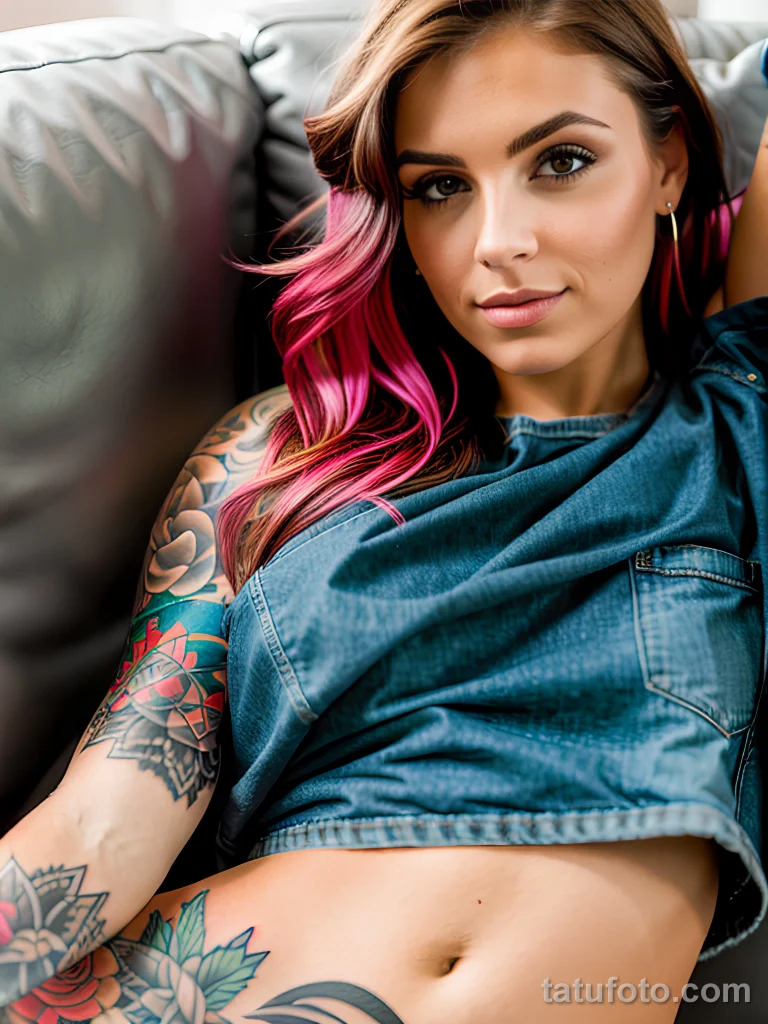 Красивая девушка с татуировками на теле сидит на диване №07 - tatufoto.com