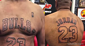 Фотография большой татуировки с логотипом "BULLS" и номером "23" на спине мужчины. Спортивный стиль, яркий дизайн.