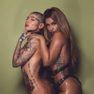 Фотография двух девушек с многочисленными татуировками на теле. Татуировки выполнены в различных стилях и содержат изображения цветов, животных и абстрактных узоров.