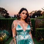 Как вес влияет на тату A curvy woman with a celestial thigh tattoo standing in a moonlit garden wearing a flowing gown tattoo featuring stars and pl tatufoto.com 093