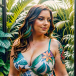 Как вес влияет на тату A curvy woman with a colorful hummingbird tattoo on her shoulder standing in a botanical garden wearing a sleeveless sundress tatufoto.com 041