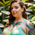 Как вес влияет на тату A curvy woman with a colorful hummingbird tattoo on her shoulder standing in a botanical garden wearing a sleeveless sundress tatufoto.com 125