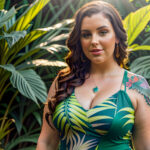 Как вес влияет на тату A curvy woman with a colorful hummingbird tattoo on her shoulder standing in a botanical garden wearing a sleeveless sundress tatufoto.com 126