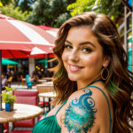 Как вес влияет на тату A curvy woman with a colorful peacock feather tattoo on her shoulder sitting in an outdoor cafe wearing a spaghetti strap dres tatufoto.com 056