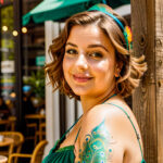 Как вес влияет на тату A curvy woman with a colorful peacock feather tattoo on her shoulder sitting in an outdoor cafe wearing a spaghetti strap dres tatufoto.com 057