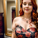 Как вес влияет на тату A curvy woman with a delicate floral collarbone tattoo standing near a vintage mirror wearing a strapless top long wavy red h tatufoto.com 186