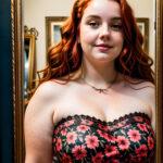 Как вес влияет на тату A curvy woman with a delicate floral collarbone tattoo standing near a vintage mirror wearing a strapless top long wavy red h tatufoto.com 187