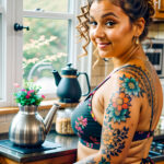 Как вес влияет на тату A curvy woman with a delicate floral wrist tattoo standing in a kitchen holding a coffee pot curly brown hair tied in a loose tatufoto.com 026