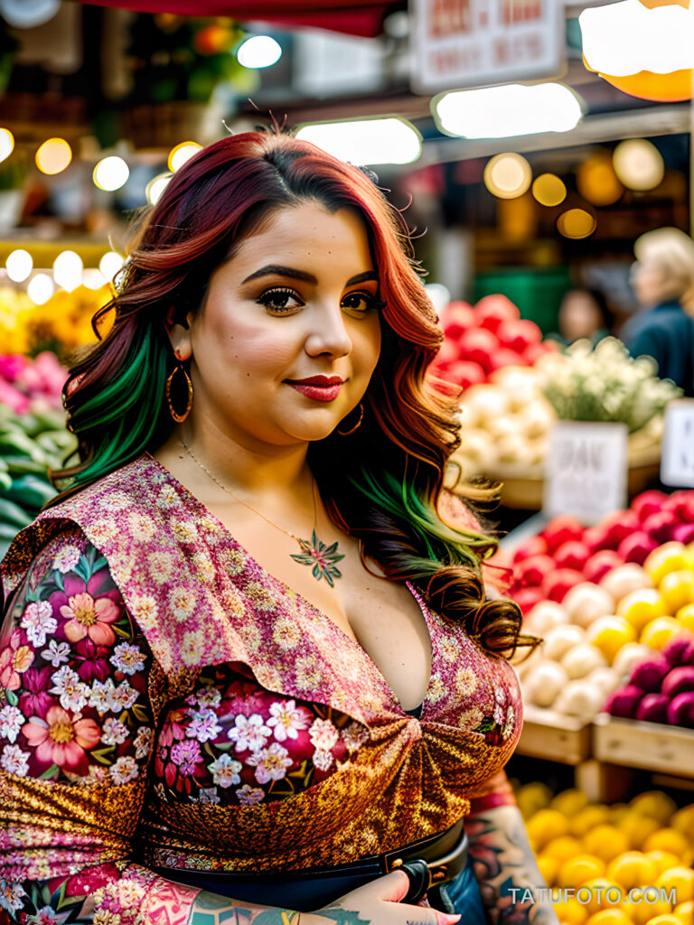 Как вес влияет на тату A curvy woman with a floral sleeve tattoo walking through a flower market wearing a light blouse medium-length wavy hair tat tatufoto.com 085