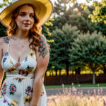 Как вес влияет на тату A curvy woman with a floral thigh tattoo wearing a flowing summer dress standing in a sunlit park holding a hat wavy blonde tatufoto.com 020