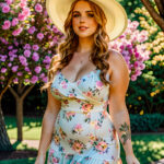 Как вес влияет на тату A curvy woman with a floral thigh tattoo wearing a flowing summer dress standing in a sunlit park holding a hat wavy blonde tatufoto.com 022