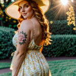 Как вес влияет на тату A curvy woman with a floral thigh tattoo wearing a flowing summer dress standing in a sunlit park holding a hat wavy blonde tatufoto.com 044