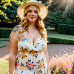 Как вес влияет на тату A curvy woman with a floral thigh tattoo wearing a flowing summer dress standing in a sunlit park holding a hat wavy blonde tatufoto.com 076