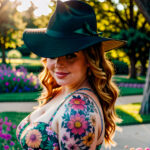 Как вес влияет на тату A curvy woman with a floral thigh tattoo wearing a flowing summer dress standing in a sunlit park holding a hat wavy blonde tatufoto.com 176