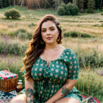 Как вес влияет на тату A curvy woman with a mandala thigh tattoo sitting on a picnic blanket in a meadow wearing a floral dress long dark hair tatt tatufoto.com 032