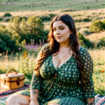 Как вес влияет на тату A curvy woman with a mandala thigh tattoo sitting on a picnic blanket in a meadow wearing a floral dress long dark hair tatt tatufoto.com 035