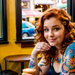 Как вес влияет на тату A curvy woman with a watercolor butterfly tattoo on her arm sitting at a cafe table holding a latte medium-length auburn hair tatufoto.com 017