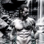 Как вес влияет на тату A lean man with a full back dragon tattoo standing under a waterfall water droplets on his skin shoulder-length wet hair det tatufoto.com 024