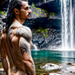 Как вес влияет на тату A lean man with a full back dragon tattoo standing under a waterfall water droplets on his skin shoulder-length wet hair det tatufoto.com 025
