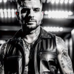 Как вес влияет на тату A man with a black-and-gray skull chest tattoo standing in a dimly lit nightclub leather vest rugged look tattoos blending w tatufoto.com 053