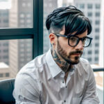 Как вес влияет на тату A man with a blackwork forearm tattoo sitting at a workstation wearing a rolled-up white shirt glasses neatly styled black h tatufoto.com 081
