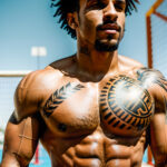 Как вес влияет на тату A man with a bold lion chest tattoo playing basketball in an outdoor court shirtless toned physique short curly hair detail tatufoto.com 098