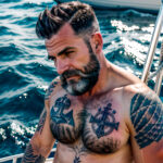 Как вес влияет на тату A man with a faded sailor tattoo on his bicep standing on a boat deck rugged look weathered skin gray beard classic anchor tatufoto.com 042