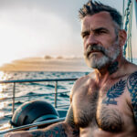 Как вес влияет на тату A man with a faded sailor tattoo on his bicep standing on a boat deck rugged look weathered skin gray beard classic anchor tatufoto.com 045
