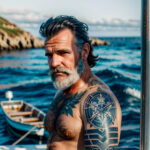 Как вес влияет на тату A man with a faded sailor tattoo on his bicep standing on a boat deck rugged look weathered skin gray beard classic anchor tatufoto.com 061