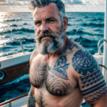 Как вес влияет на тату A man with a faded sailor tattoo on his bicep standing on a boat deck rugged look weathered skin gray beard classic anchor tatufoto.com 079