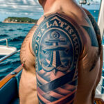 Как вес влияет на тату A man with a faded sailor tattoo on his bicep standing on a boat deck rugged look weathered skin gray beard classic anchor tatufoto.com 190