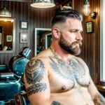 Как вес влияет на тату A middle-aged man with a faded traditional eagle tattoo on his chest sitting in a barbers chair vintage barbershop interior tatufoto.com 083