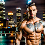 Как вес влияет на тату A muscular man with a mechanical chest tattoo standing by a futuristic cityscape shirtless tattoos blending seamlessly with h tatufoto.com 027
