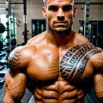 Как вес влияет на тату A muscular man with a tribal chest tattoo standing shirtless near a gym bench flexing his muscles strong jawline medium-leng tatufoto.com 000