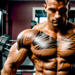 Как вес влияет на тату A muscular man with a tribal chest tattoo standing shirtless near a gym bench flexing his muscles strong jawline medium-leng tatufoto.com 002