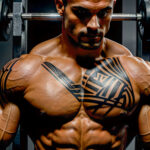 Как вес влияет на тату A muscular man with a tribal chest tattoo standing shirtless near a gym bench flexing his muscles strong jawline medium-leng tatufoto.com 003
