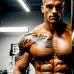 Как вес влияет на тату A muscular man with a tribal chest tattoo standing shirtless near a gym bench flexing his muscles strong jawline medium-leng tatufoto.com 008