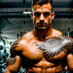 Как вес влияет на тату A muscular man with a tribal chest tattoo standing shirtless near a gym bench flexing his muscles strong jawline medium-leng tatufoto.com 009