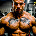 Как вес влияет на тату A muscular man with a tribal chest tattoo standing shirtless near a gym bench flexing his muscles strong jawline medium-leng tatufoto.com 014