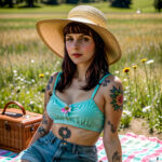 Как вес влияет на тату A petite woman with a surreal thigh tattoo wearing high-waisted shorts sitting on a picnic blanket sun hat resting beside her tatufoto.com 073