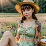 Как вес влияет на тату A petite woman with a surreal thigh tattoo wearing high-waisted shorts sitting on a picnic blanket sun hat resting beside her tatufoto.com 077